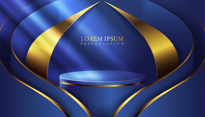product display and presentation modern podium abstract backdrop,blue color and golden curve lines award creative background,vector illustration beauty product marketing platform banner.