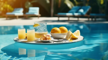 Breakfast on the pool, floating breakfast in an opulent tropical resort. Healthy breakfast and...