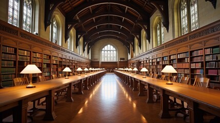 A grand university library with soaring, arched ceilings and rows of oak bookshelves