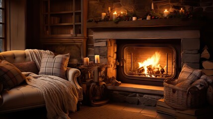 A cozy living room, complete with a roaring fireplace, surrounded by plush sofas and armchairs, invites relaxation and warmth. Generative AI.
