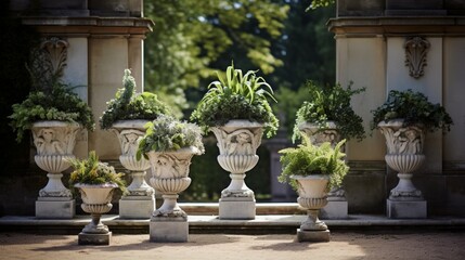 A harmoniously arranged collection of ornate stone planters with thriving greenery