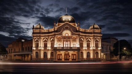 Fototapeta na wymiar A historic opera house with a grand marquee, radiantly lit against the night sky