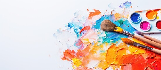 Close up of a vibrant watercolor palette with two brushes