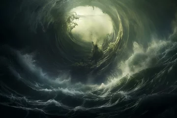 Fotobehang A powerful natural phenomenon: a tornado in the middle of an ocean swirling winds and waves. Generative AI © Orion