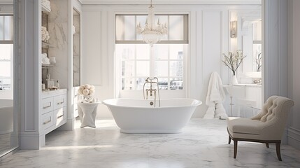 Fototapeta na wymiar A luxurious bathroom adorned with Carrara marble, a freestanding bathtub, and glistening chrome fixtures, evoking a spa-like atmosphere of indulgence