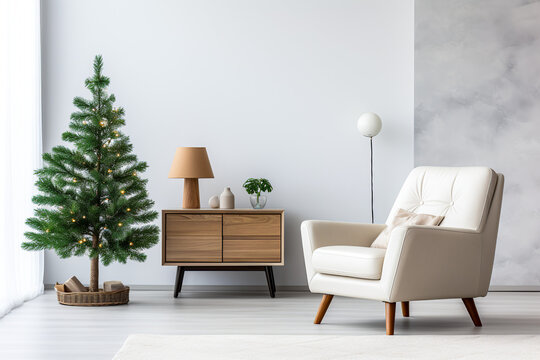 Living Room Christmas Interior In Modern Style. Christmas Tree With Armchair On Wall Mockup.