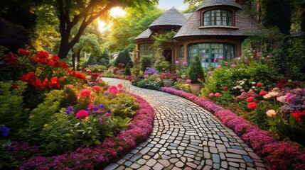 A meandering cobblestone pathway winding through a vibrant, flower-filled garden