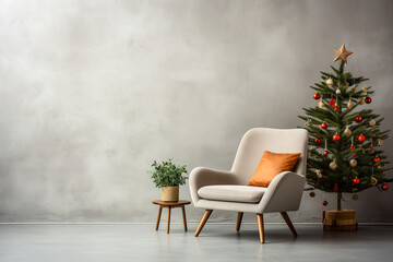 Minimalistic Christmas interior mockup.  White wall with a chair and a sleek Christmas tree.