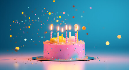 Three colorful birthday candles on a cake in blue light