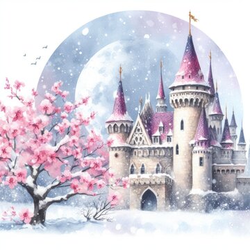 Watercolor illustration of a snowy castle on Christmas Day.