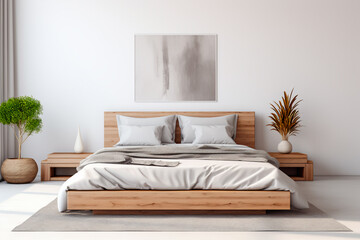A stylish modern bedroom with a comfortable bed, showcasing an inviting home interior design.

