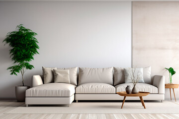 The beautiful living room interior features a retro style, with a grey empty wall.
