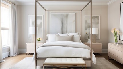 A minimalist bedroom with a statement canopy bed, dressed in crisp, white linens and accented by polished chrome fixtures and understated artwork
