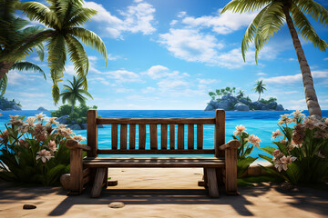 Wooden bench with flowers in the middle of two palm trees on the shore of a blue sea, generative ai - obrazy, fototapety, plakaty