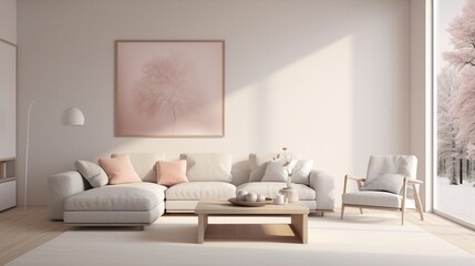 Fototapeta na wymiar A minimalist interior space with clean lines and a palette of crisp whites, pale grays, and touches of muted blush