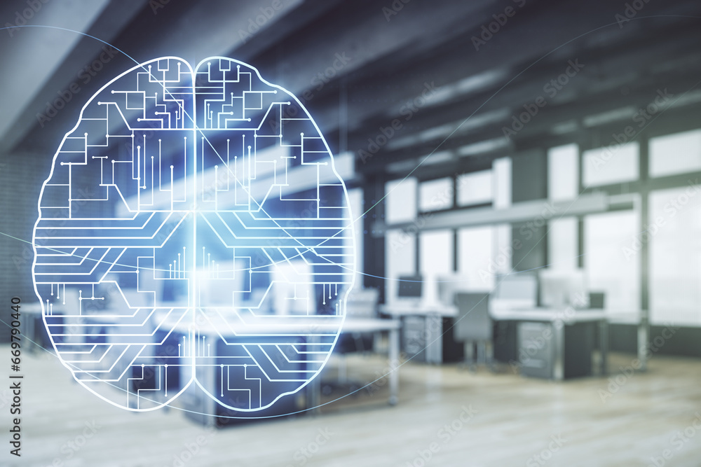 Aufkleber double exposure of creative artificial intelligence interface on modern corporate office background.