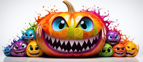 Naklejka premium Halloween pumpkin with human like eyes teeth and rainbow COVID 19 viruses on white background