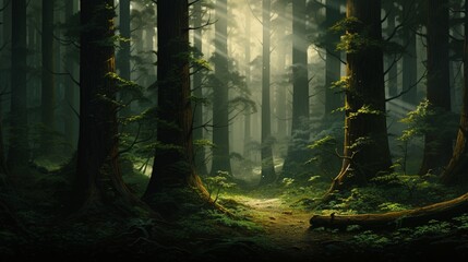 A misty forest scene with deep emerald greens and hints of golden sunlight filtering through the...