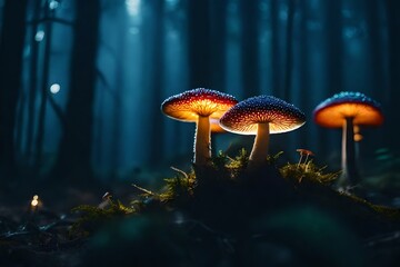 Fantasy glowing mushrooms in mystery dark forest close-up. Beautiful macro shot of magic mushroom or souls lost in avatar forest.