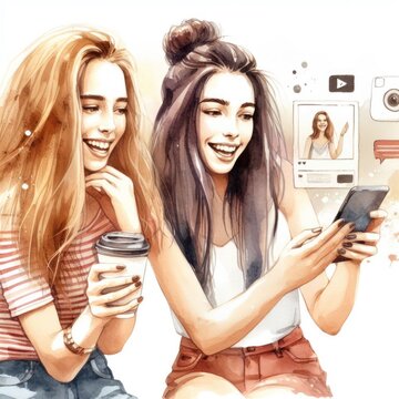 Watercolor illustration of a teenage girl and her friends taking fun selfies.