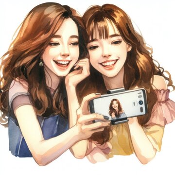 Watercolor illustration of a teenage girl and her friends taking fun selfies.