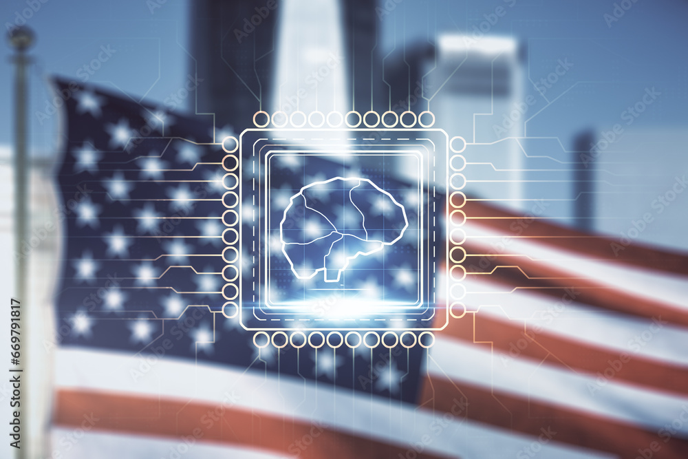 Aufkleber Double exposure of creative artificial Intelligence interface on USA flag and blurry skyscrapers background. Neural networks and machine learning concept
