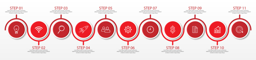 11 step infographic, simple infographic business design with related circle shapes, with lines and colors and symbols. suitable for your business presentation
 - obrazy, fototapety, plakaty
