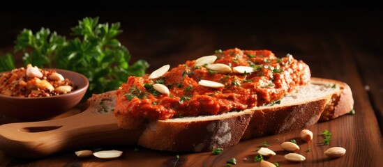 Whole wheat bread topped with a roasted pepper dip garlic and almonds served on a wooden board - obrazy, fototapety, plakaty