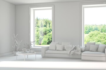 Grey living room concept with sofa and summer landscape in window. Scandinavian interior design. 3D illustration