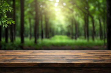 Fototapeta na wymiar empty wooden table with dark green forest background
