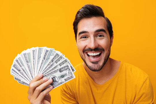 Finance man rich dollar business cash currency yellow happy background smiling money