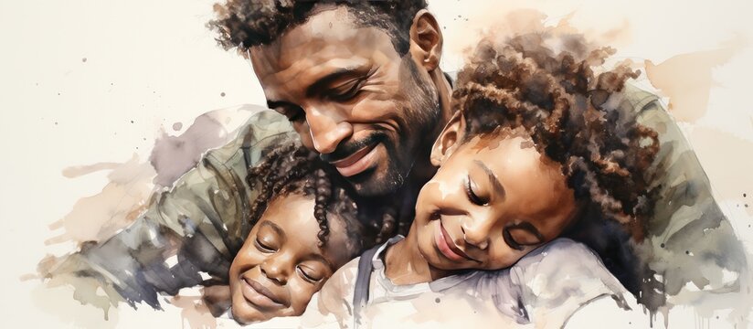 A watercolor painting depicting an affectionate African American father and children