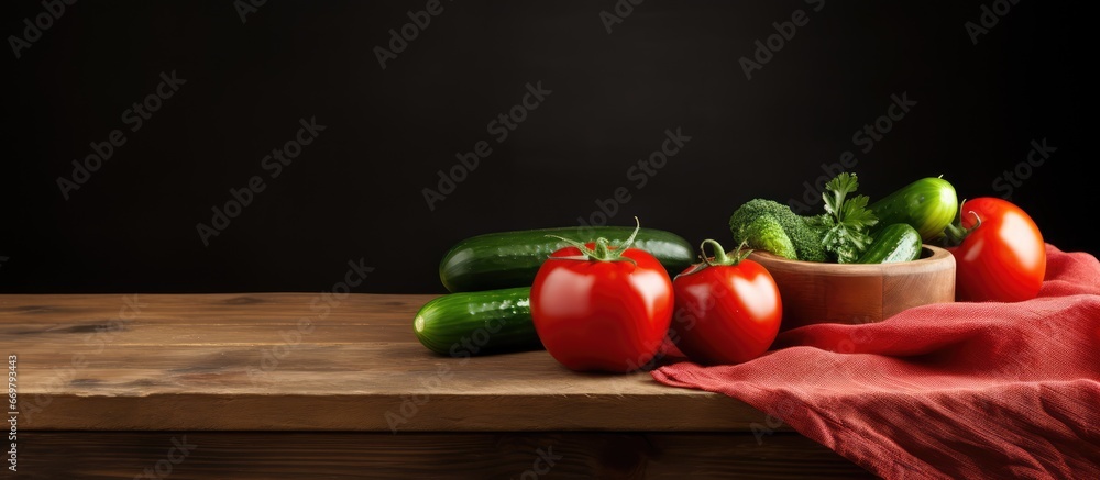 Poster wooden desks adorned with cherry tomatoes cucumber slices and an abundance of fresh vegetables serve