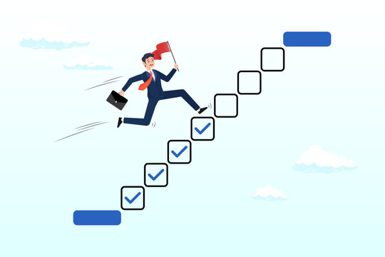 Businessman step on checklist to progress to target, progression from start to success, development or improvement, challenge to progress, win competition, tasks completion to finish project (Vector)