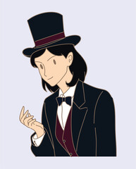 Magician in tuxedo suit, wearing top hat, showing trick to entertain audience in circus show. Hand drawn flat cartoon character vector illustration.