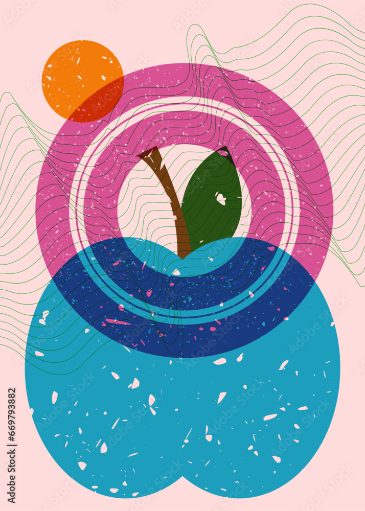 Aufkleber risograph apple with geometric shapes. fruit and object in trendy riso graph design.