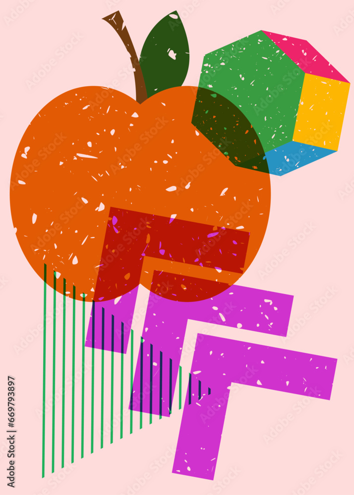 Aufkleber risograph apple with geometric shapes. fruit and object in trendy riso graph design.