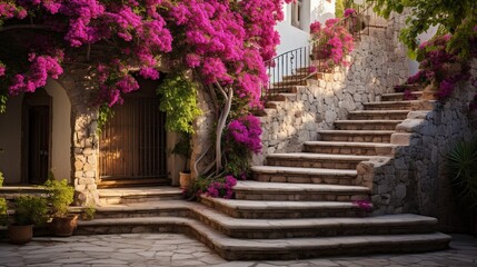 Fototapeta na wymiar A picturesque stone staircase flanked by vibrant, cascading bougainvillaeas