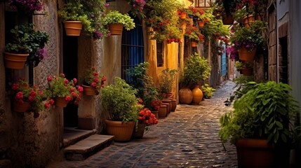Fototapeta na wymiar A quaint cobblestone alleyway lined with vibrant potted plants and lanterns