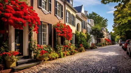 Fototapeta na wymiar A quaint cobblestone street lined with charming townhouses adorned with flower boxes
