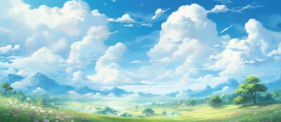 Fotobehang Colorful anime style oil painting with a beautiful landscape view of a blue sky clouds and green and blue colors © AkuAku