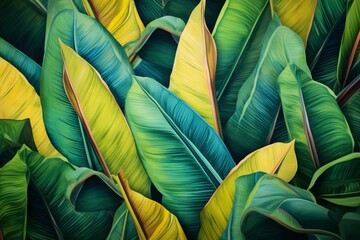 Background of vibrant tropical banana leaves. Generative AI