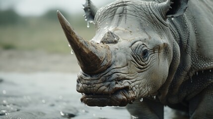 Fototapeta premium Rhinoceros portrait. Close-up of a rhino. Portrait of a white rhinoceros species known as Ceratotherium simum. Closeup of one horned mammal animal.