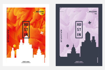 USA Austin city poster pack with abstract skyline, cityscape, landmark and attraction. Texas travel vector illustration layout set for vertical brochure, website, flyer, presentation - obrazy, fototapety, plakaty