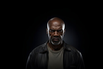 serious adult African American man, head and shoulders portrait on black background. Neural network generated image. Not based on any actual person or scene.