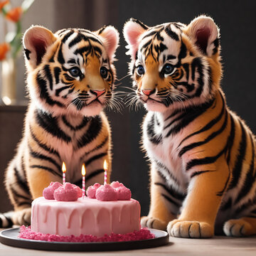 Ai image of two little tiger cubs with birthday cake and candles
