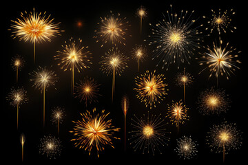 Abstract burst gold pattern fireworks set , Festive firework , deco star shaped firework isolated on black background