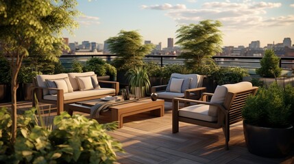 A rooftop garden terrace with an array of lounge furniture, lush greenery, and a soothing water feature, providing a sanctuary amidst the urban hustle and bustle