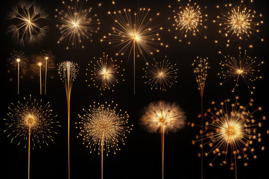 Abstract burst gold pattern fireworks set , Festive firework , deco star shaped firework isolated on black background