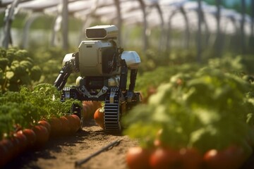 Robot operating in produce field, autonomously collecting fruits and vegetables. Generative AI